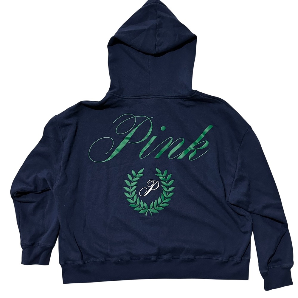 Pink Victoria's Secret Navy Blue Zip Up Hoodie Laurel Wreath Logo XL - Has Flaw - Picture 2 of 7